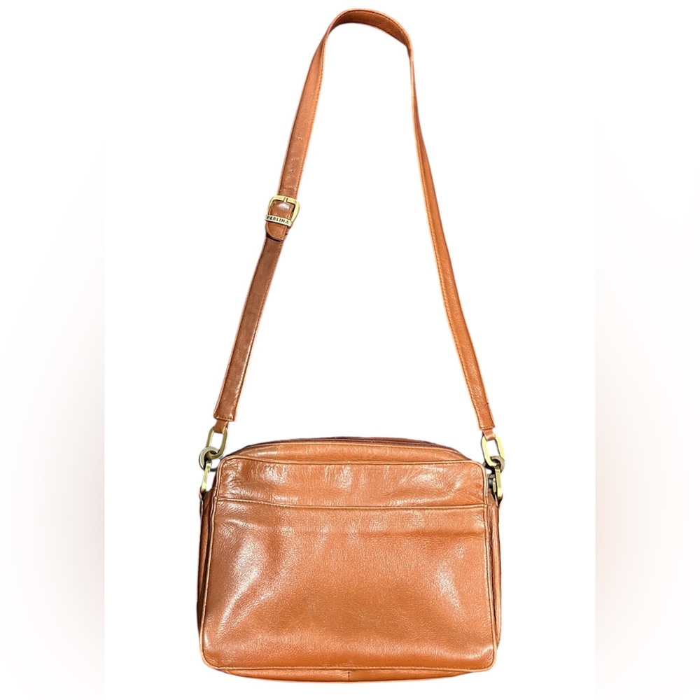 Perlina New York Vintage Tan Leather Satchel Crossbody Bag with Adjustable Strap